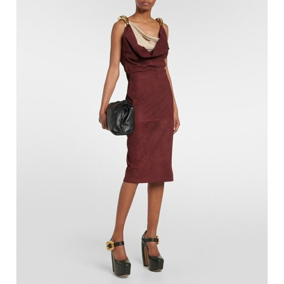 BOTTEGA VENETA Fluid Suede Dress in Mahogany & Sand 34 0 2 Womens Midi Leather - Picture 1 of 16